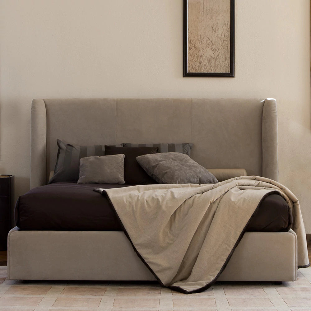 Italian Leather Bed with Walnut Headboard