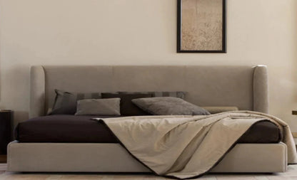 Italian Leather Bed with Walnut Headboard