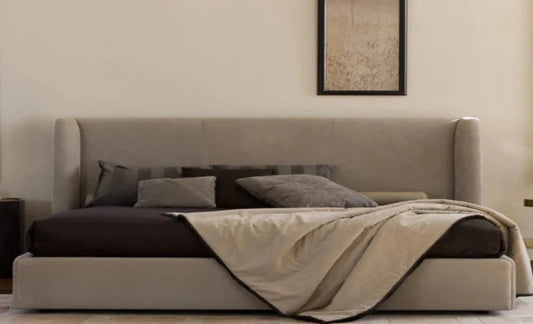 Italian Leather Bed with Walnut Headboard